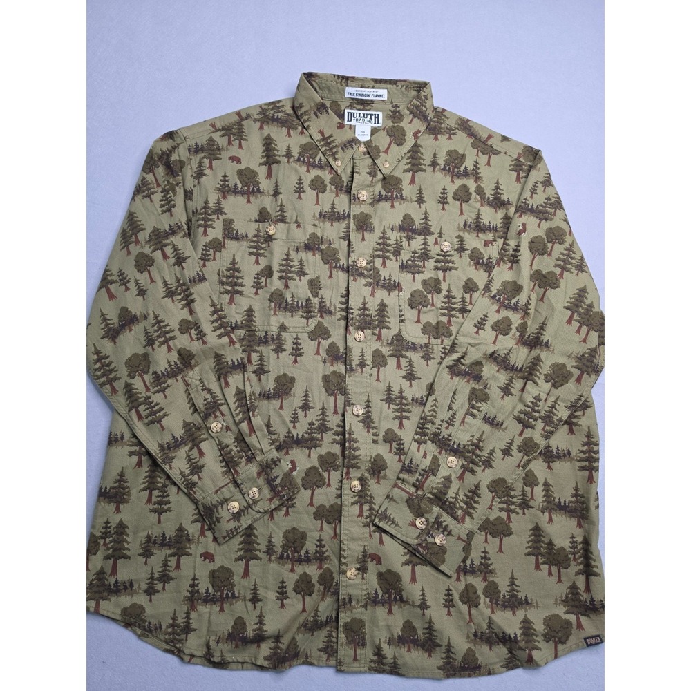Duluth Trading Co Free Swingin Flannel Shirt Men's 2XL Green Allover Forest Tree
